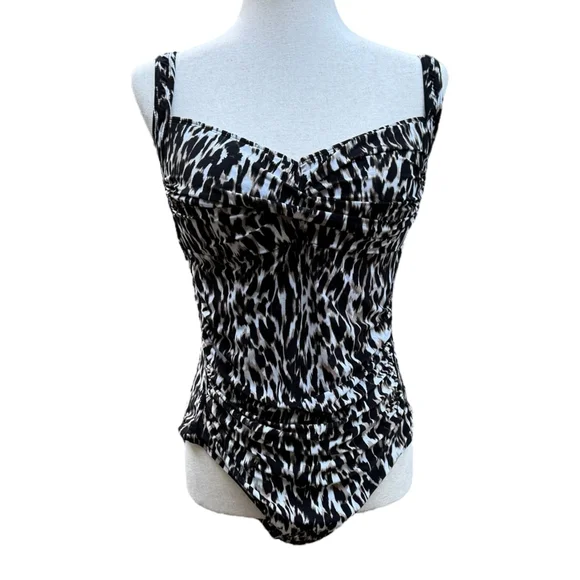 Nip Tuck Swim One Piece Swimsuit US 12 | Black White Ruched Animal Print - Picture 2 of 7